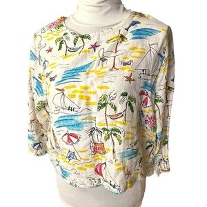 Vintage Hot Cotton Linen Beach Summer Dolphin Crab Boats Novelty Print Small